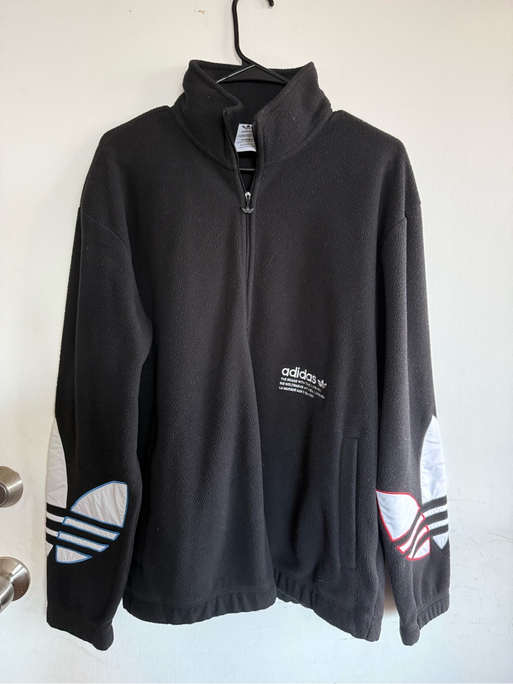adidas Black Quarter-Zip Fleece with Red & Blue Sleeve Accents